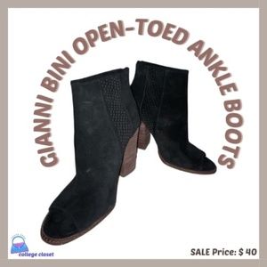 Gianni Bini Ankle Boot Black Suede Schools-Out Open Toe (Chunky Heel)